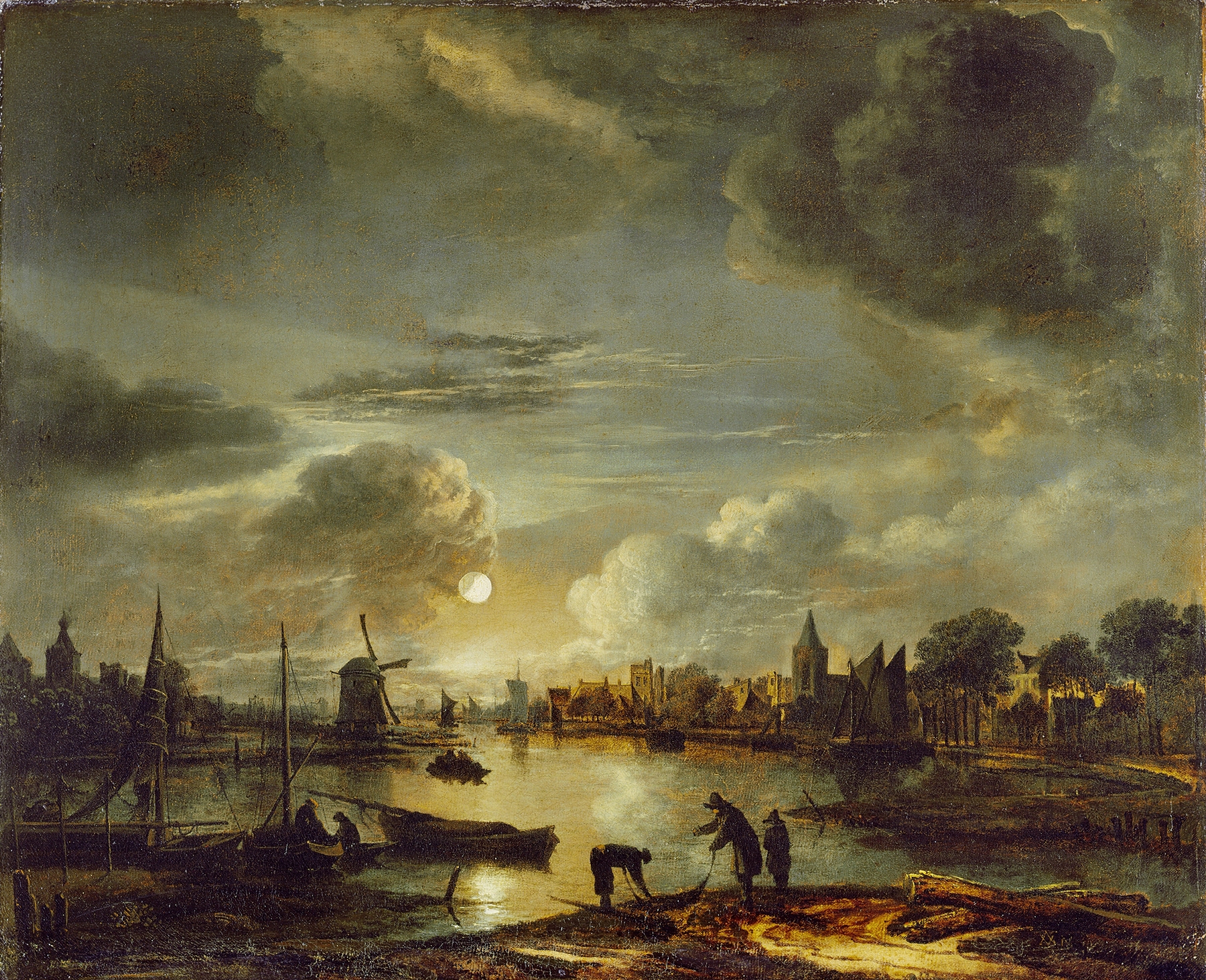 Canal Scene by Moonlight, oil painting by Aert van der Neer, depicting a tranquil night landscape.