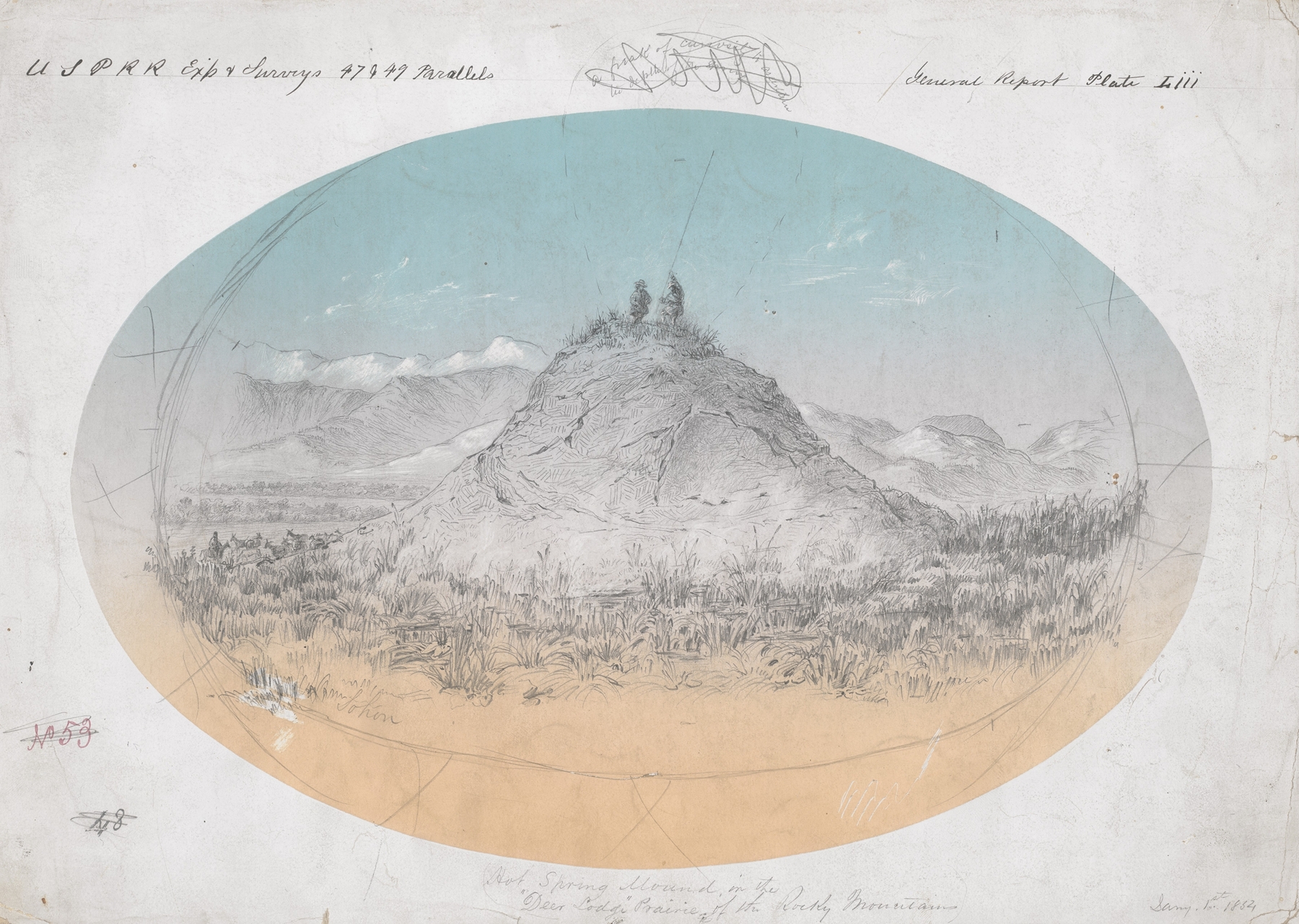 Hot Spring Mound in the ‘Deer Lodge’ Prairie of the Rocky Mountains, watercolor on paper by Gustav Sohon