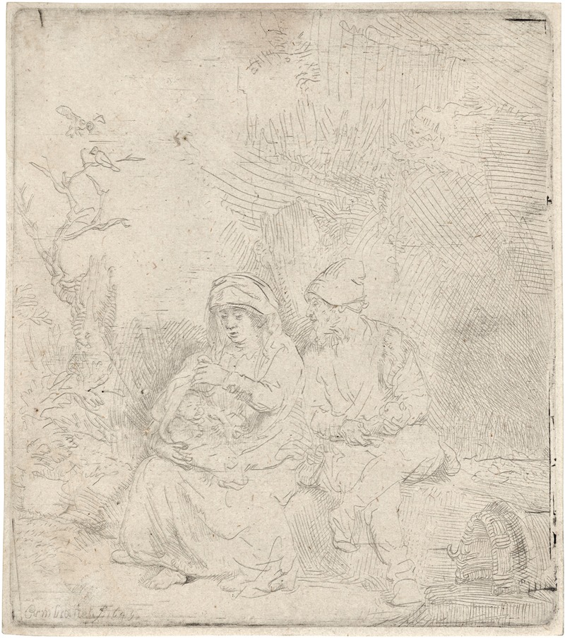 Rembrandt's 'The Rest on the Flight into Egypt' depicts a serene moment in a biblical journey.