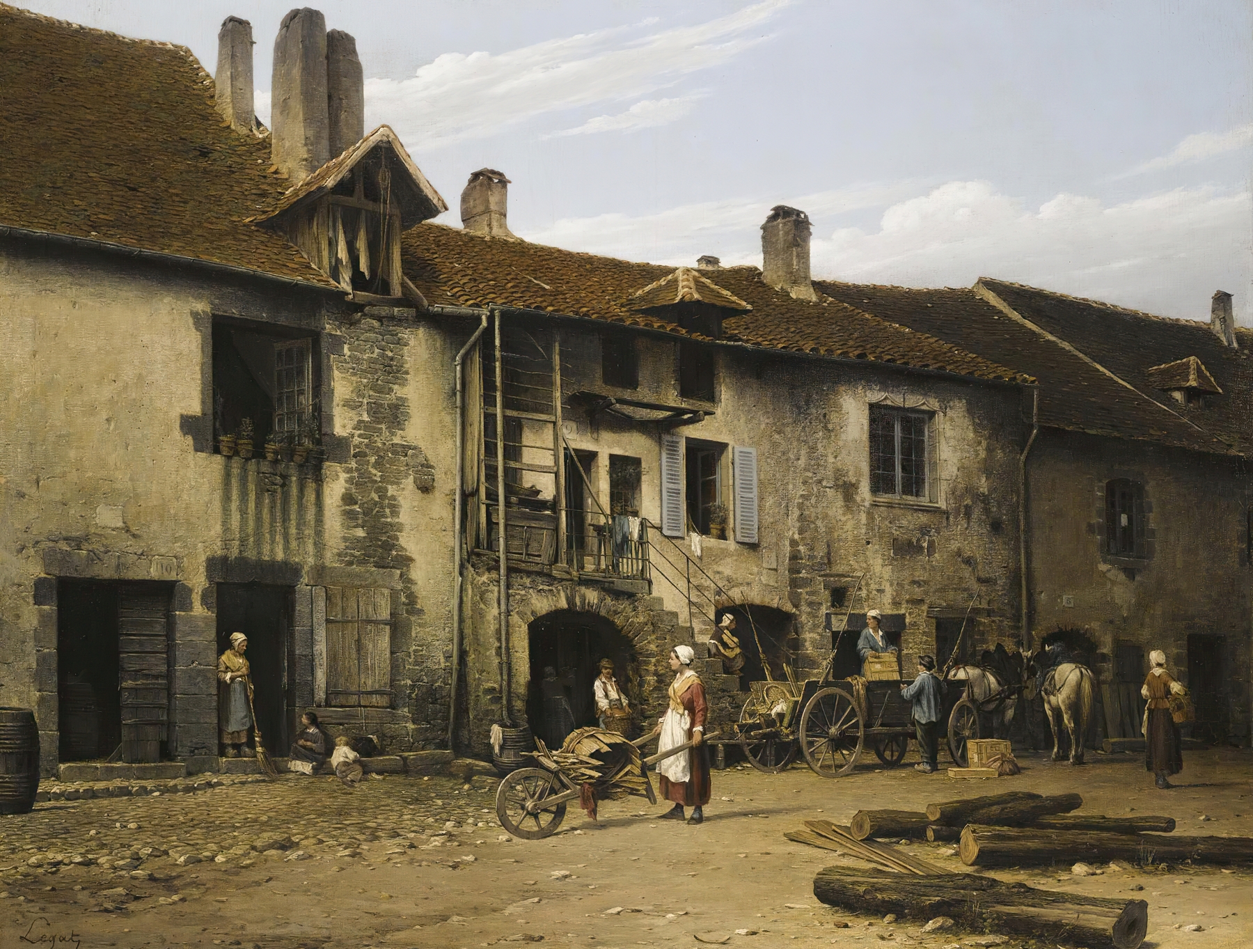 Le Village by Léon Légat, oil on canvas depicting a serene village landscape.