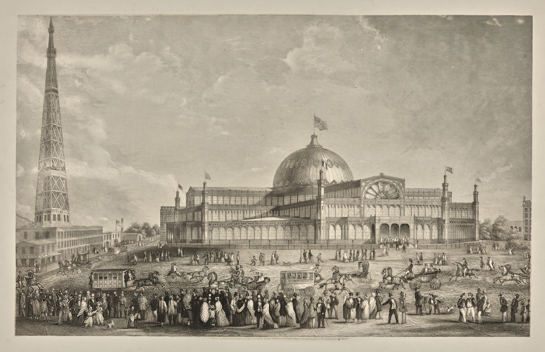 Victorian architecture of The New York Crystal Palace by Samuel Capewell, featuring a grand dome.