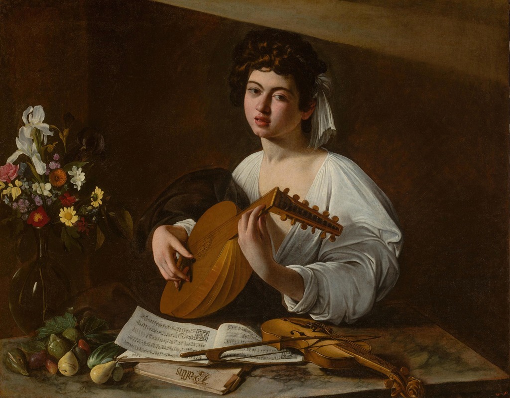 A young man playing a lute in a dimly lit room.