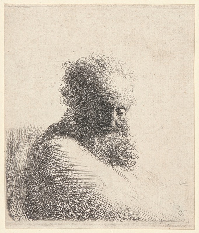 Rembrandt's 'Bust of an Old Bearded Man, Looking Down' captures a contemplative figure with rich textures.