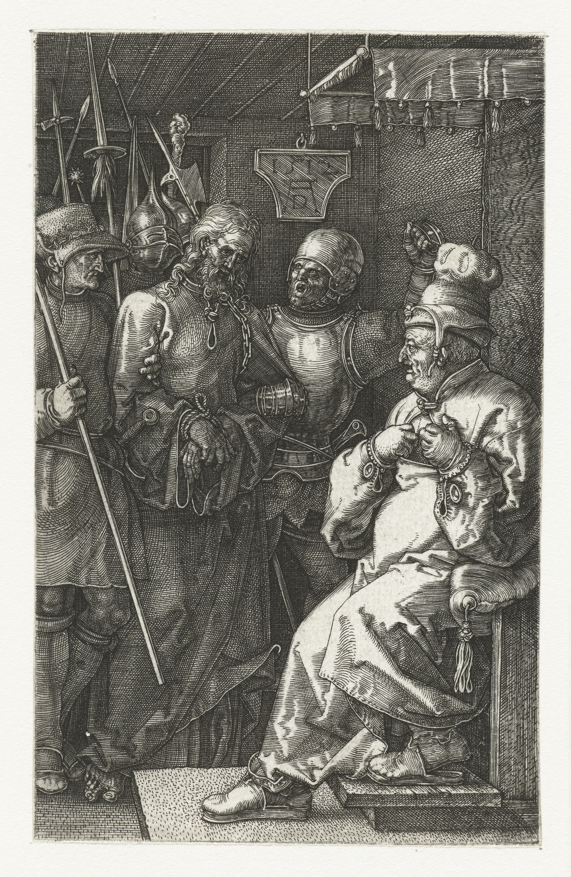 Christus voor Kajafas engraving by Albrecht Dürer, depicting a solemn figure in detailed robes.
