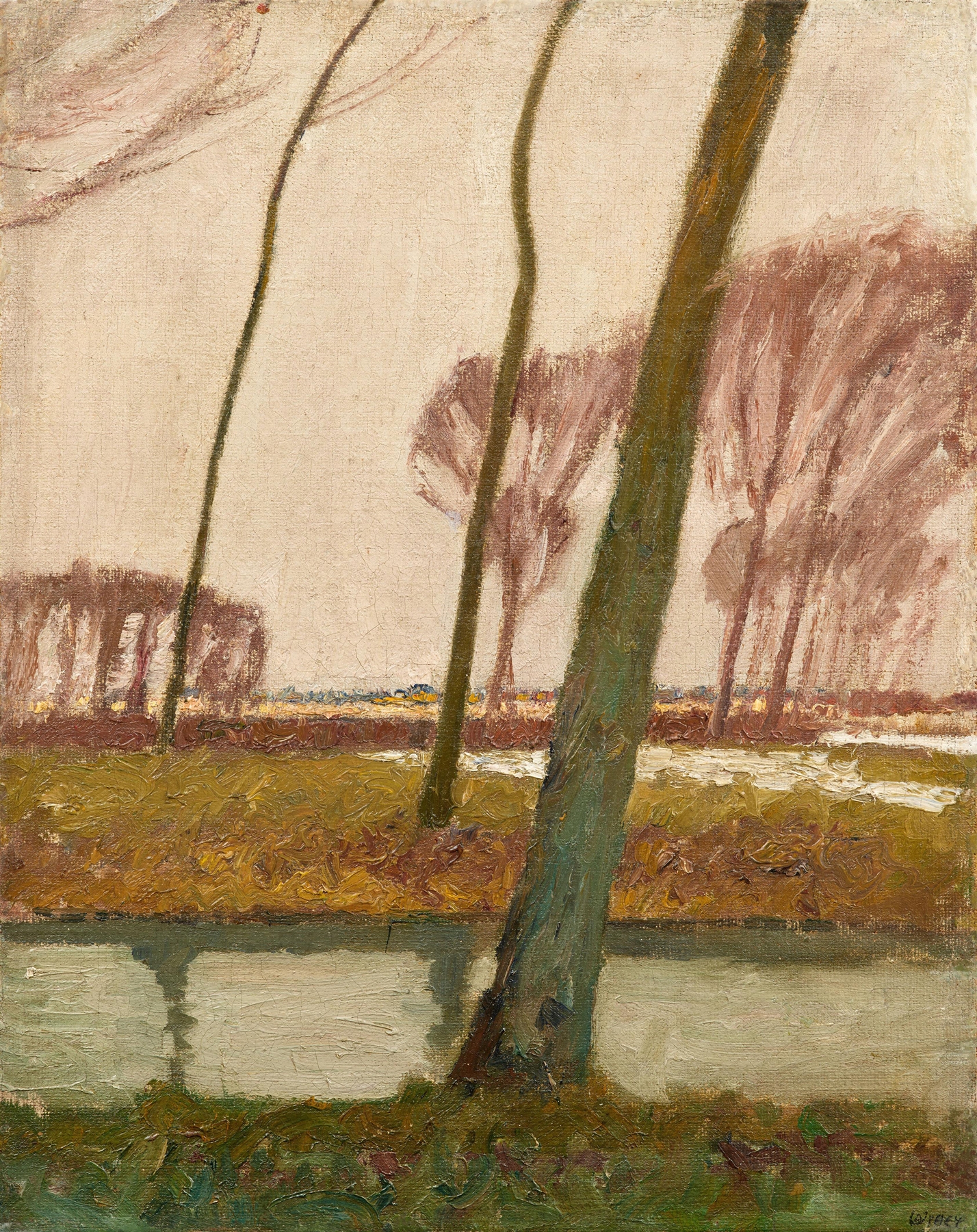 Erftlandschaft by Walter Ophey, oil on canvas depicting a serene landscape with a horizon and trees.