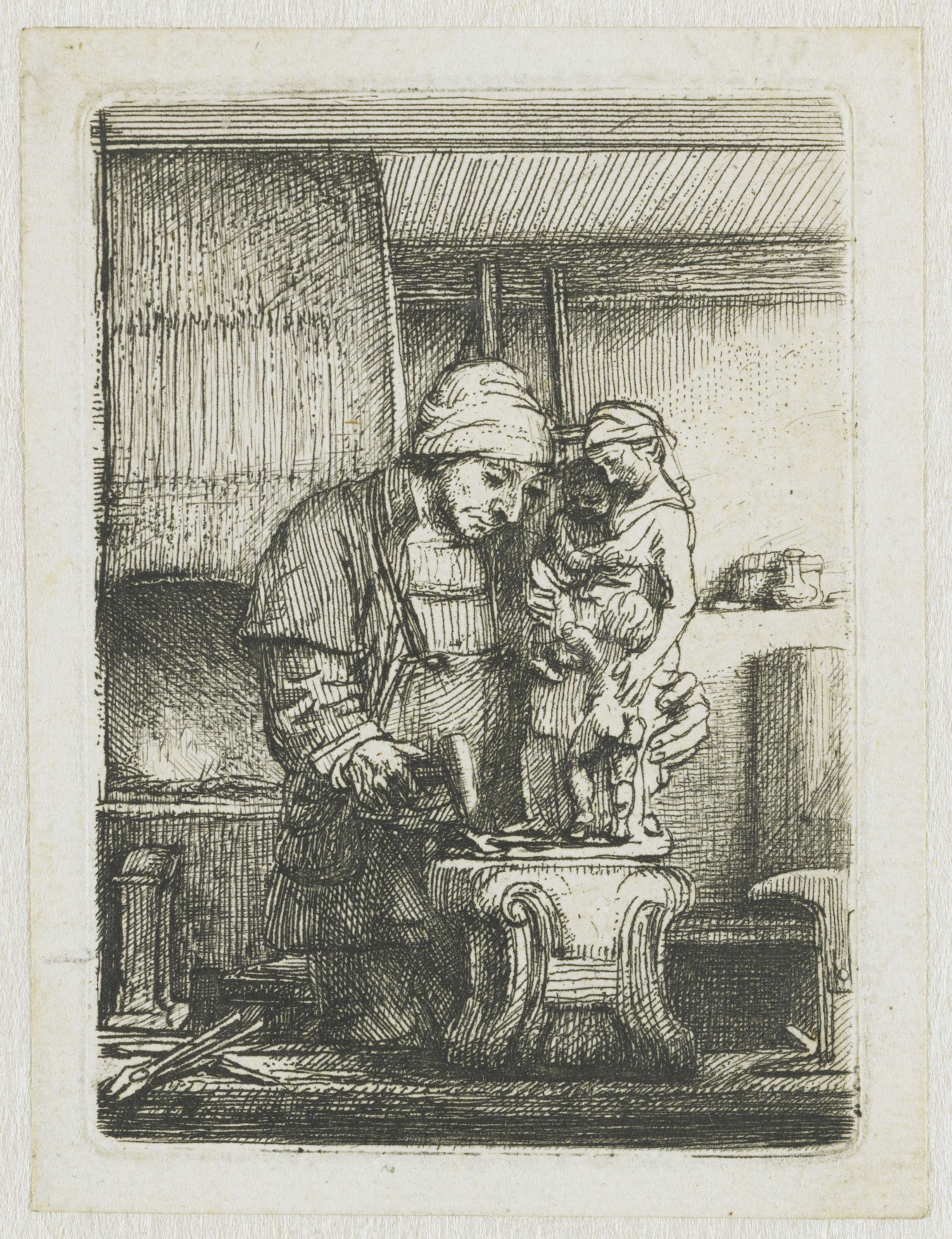 Etching by Rembrandt van Rijn depicting a goldsmith holding gold.