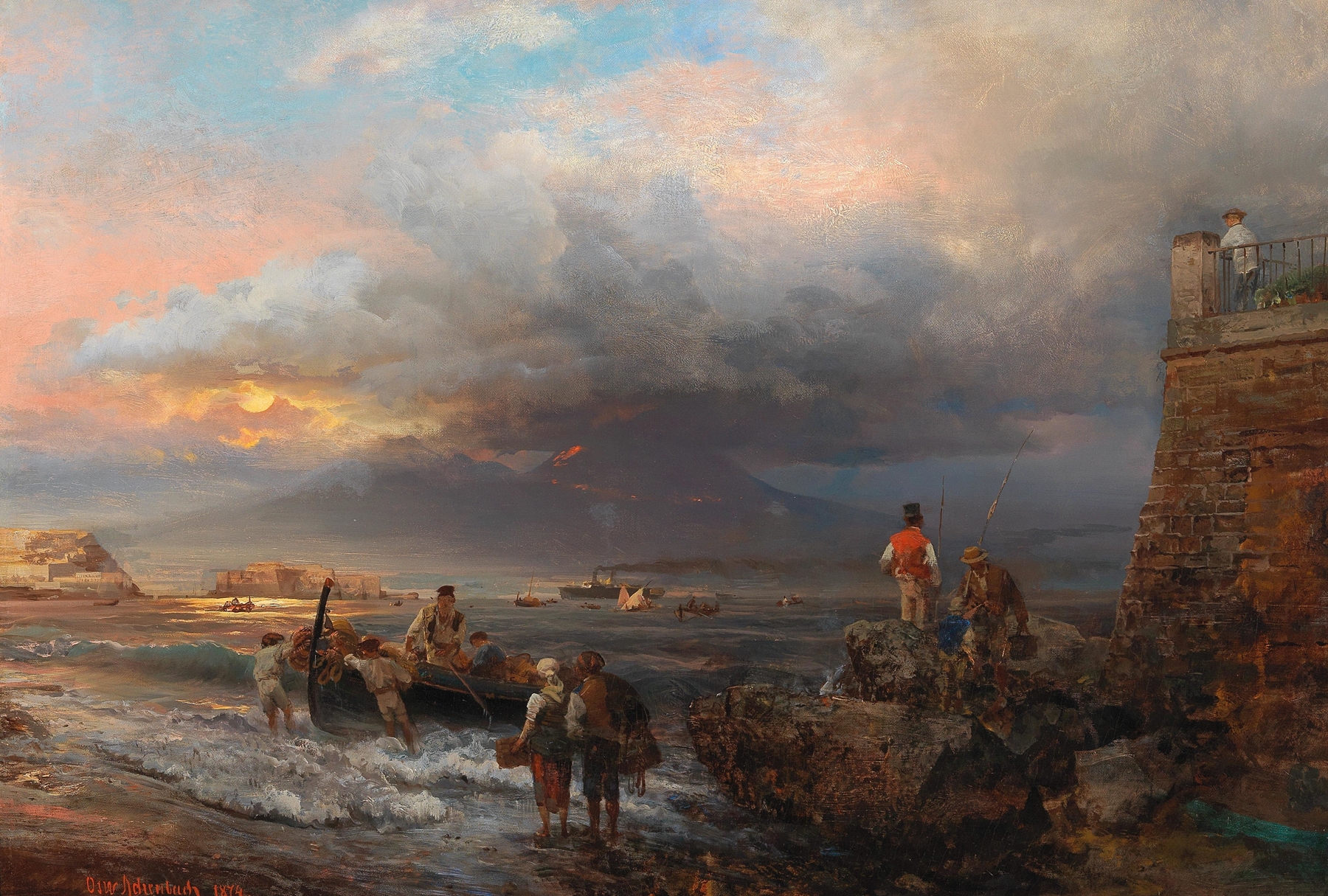 The Bay of Naples with Vesuvius in the background, by Oswald Achenbach, public domain
