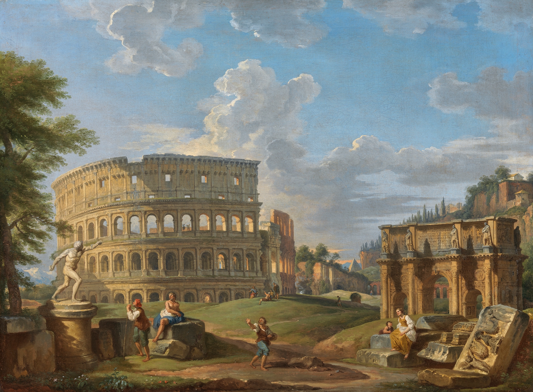 Landscape with the Colosseum and Arch of Constantine, Rome, by Giovanni Paolo Panini, public domain