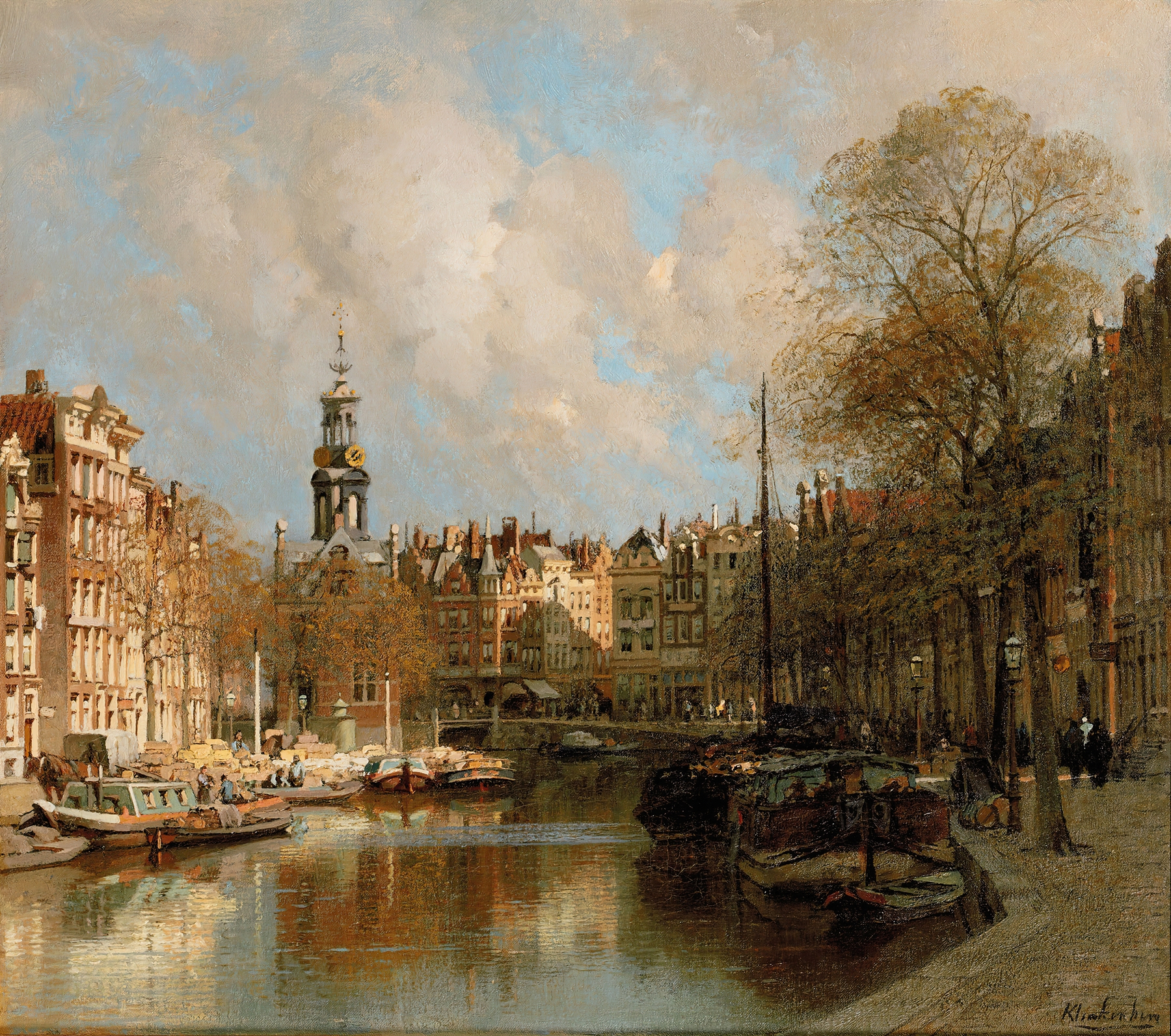 Canal landscape with buildings and reflections, oil painting by Johannes Christiaan Karel Klinkenberg