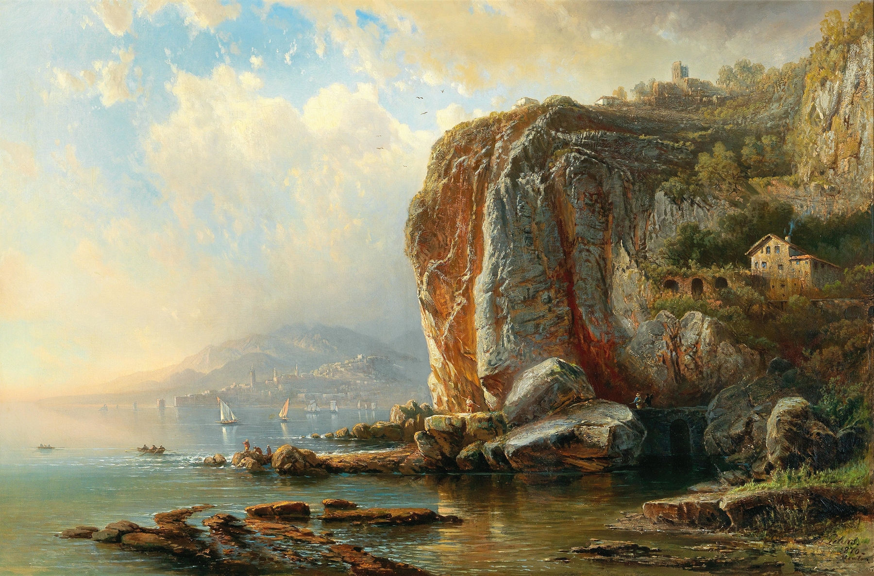 On the Coast of Menton, oil painting by Pieter Franciscus Peters depicting a tranquil coastal landscape.