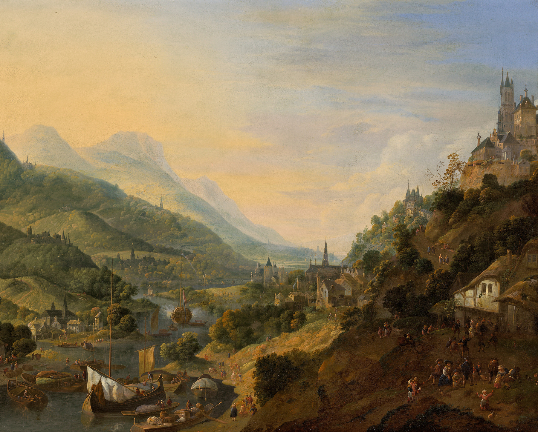 A Rheinish Landscape by Jan Griffier, oil on canvas depicting a tranquil river and distant horizon.