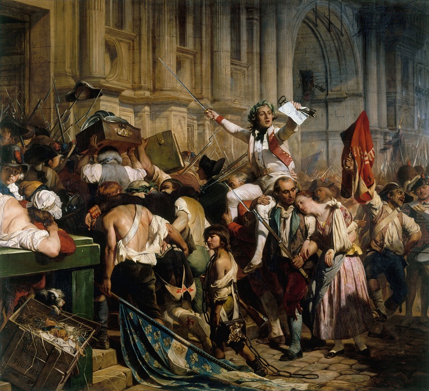 A historical painting depicting the victors of the Bastille in front of the Hôtel de Ville.