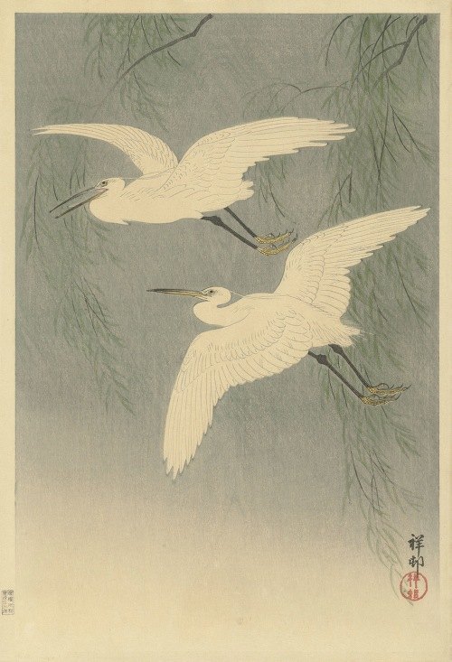 This artwork depicts little egrets in flight against a serene backdrop.