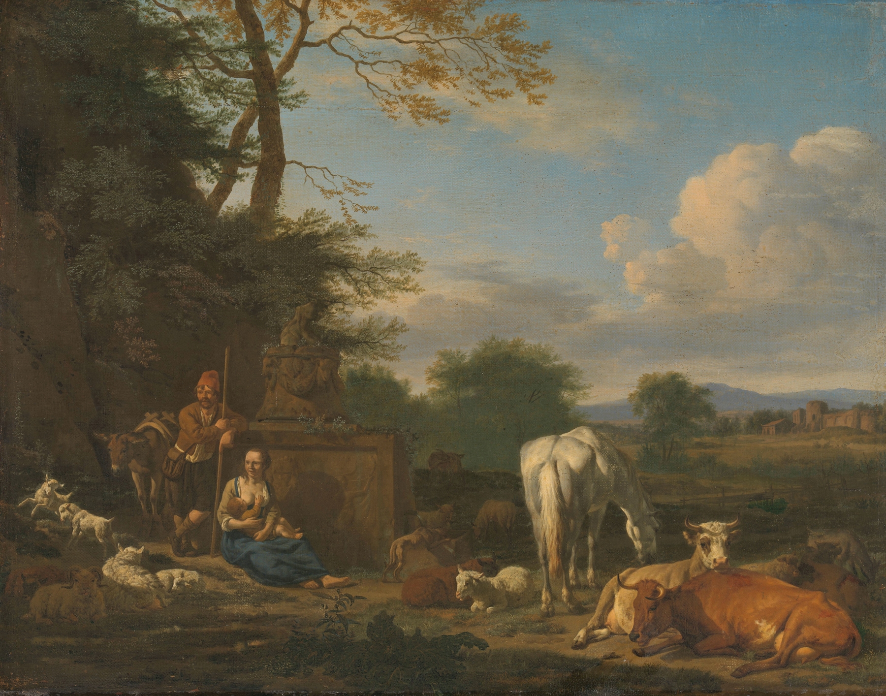 Arcadian Landscape with resting Shepherds and Animals, by Adriaen van de Velde, public domain