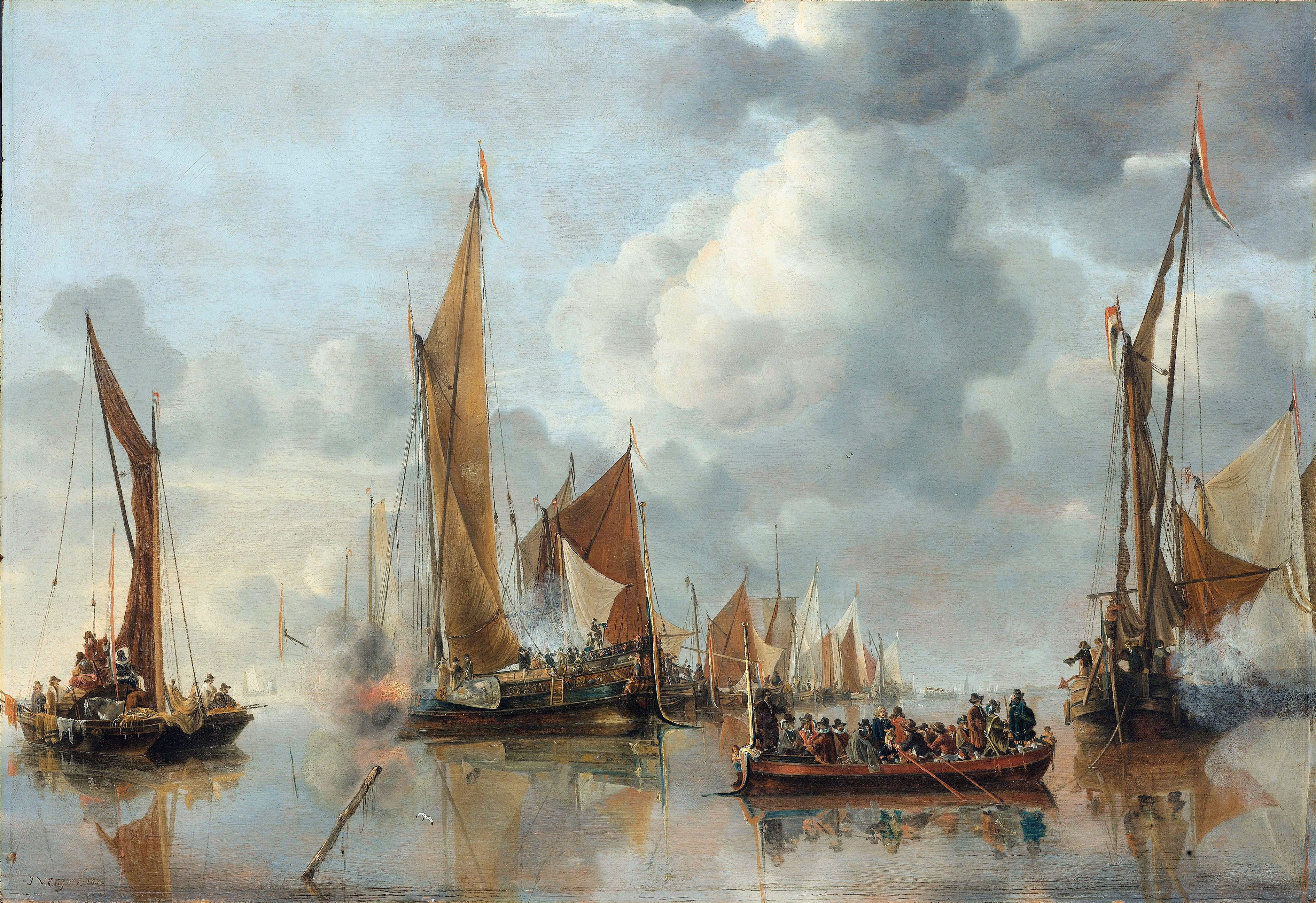 The Home Fleet Saluting the State Barge, by Jan van de Cappelle, public domain