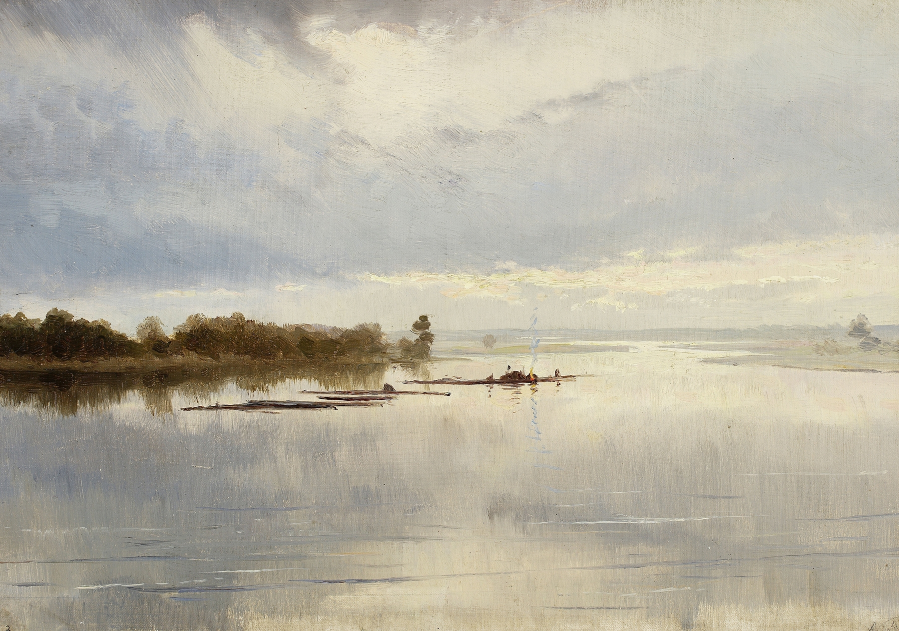 River landscape by Ferdynand Ruszczyc, depicting a tranquil river scene with reflections and soft light.