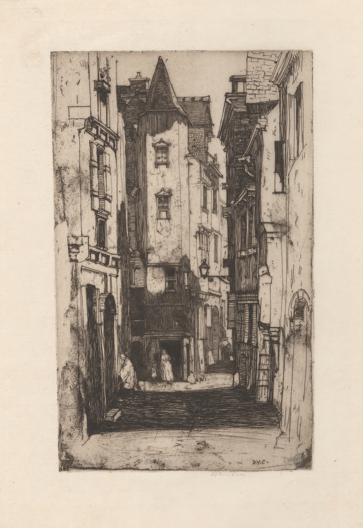 Etching by David Young Cameron depicting a landscape with cobblestone streets in Angers.
