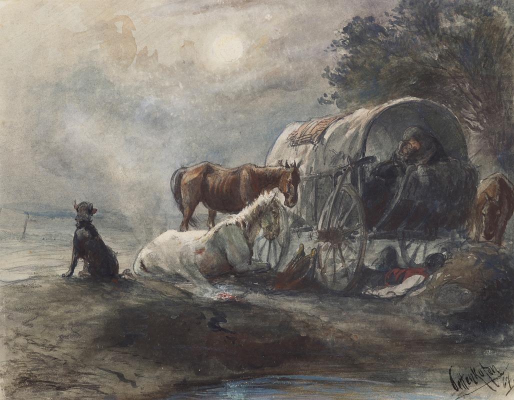 A scene depicting travelers resting in a covered wagon.