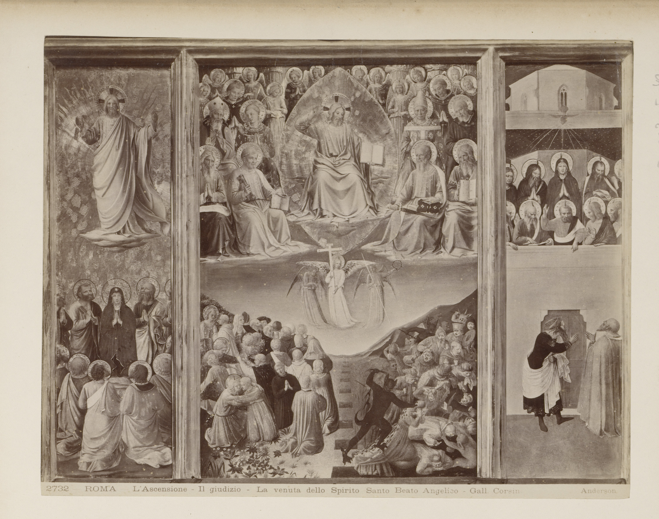 Fotoreproductie van de triptiek Hemelvaart, Het oordeel, Verschijning van de Heilige Geest naar Fra Angelico in de Galleria Corsini te Rome, Italië, by James Anderson, public domain
