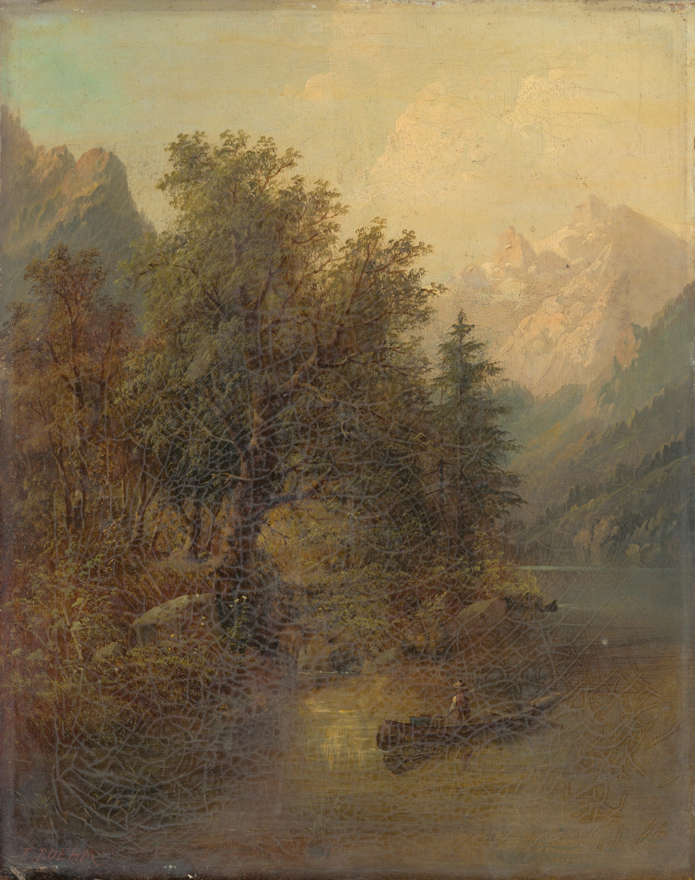 Alpine Landscape with a Boat by Eduard Boehm, oil painting depicting mountains and a serene lake.