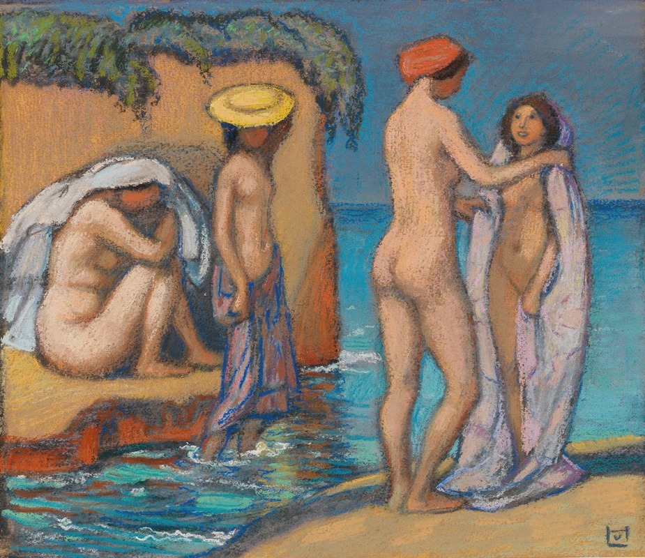 A painting depicting a hot day with figures in a lush landscape.
