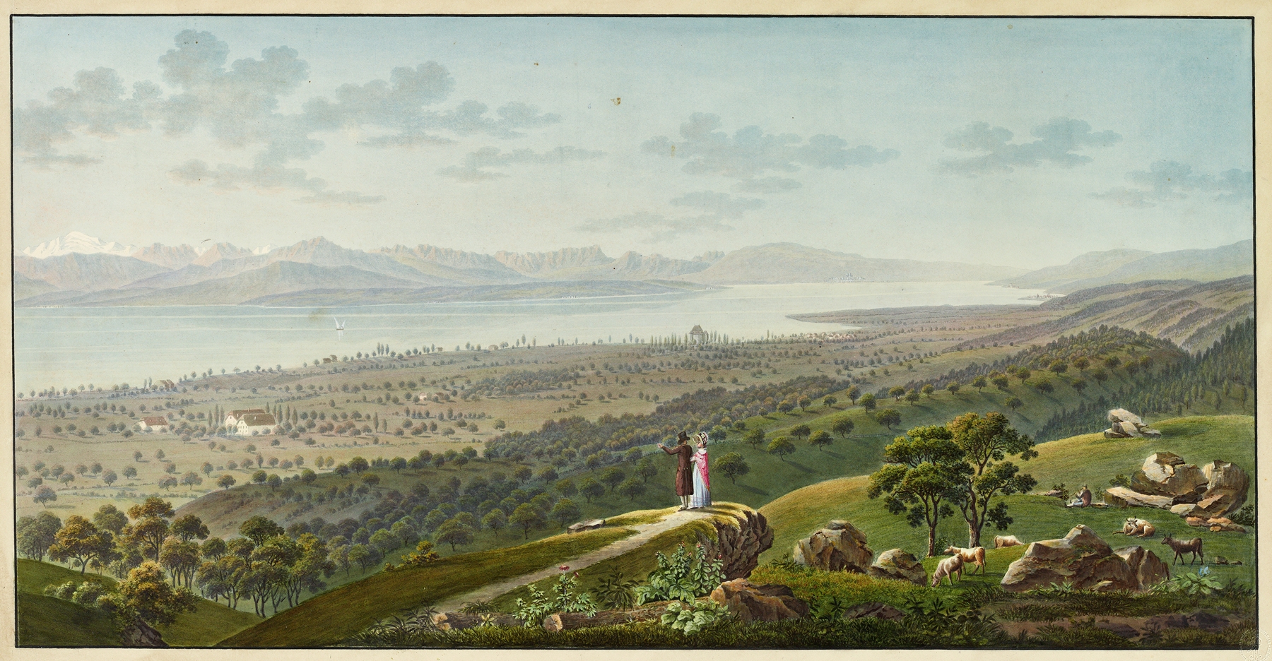 Vue genérale du Lac de Geneve, by Jakob Samuel Weibel, public domain