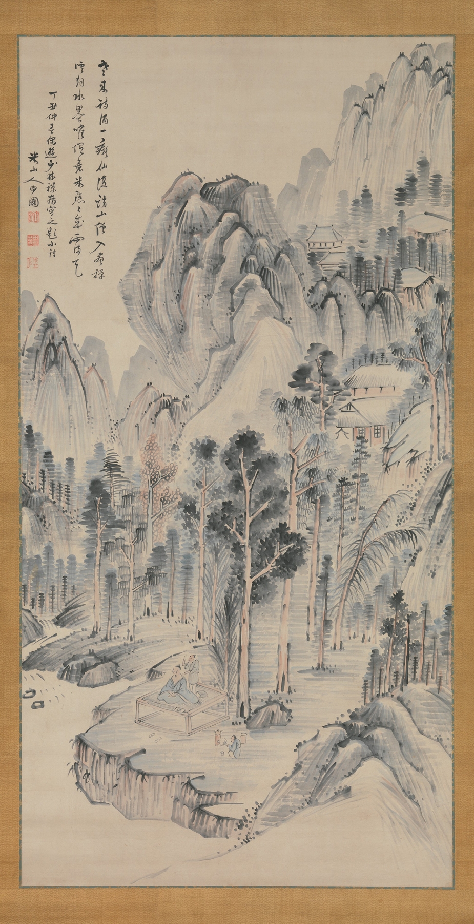 Shōrinji Temple, ink on paper by Okada Beisanjin, featuring intricate temple architecture.