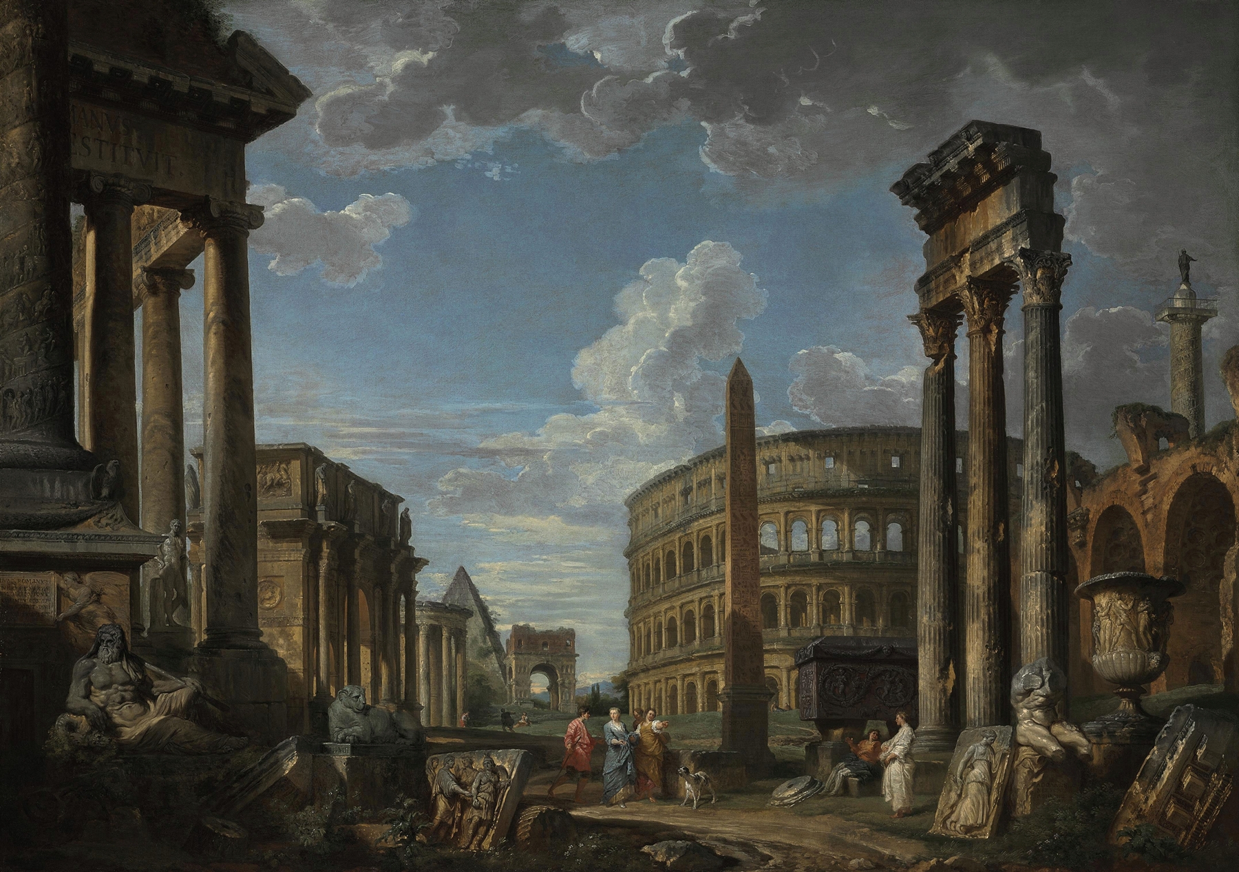 An architectural capriccio with figures among Roman ruins, by Giovanni Paolo Panini, public domain