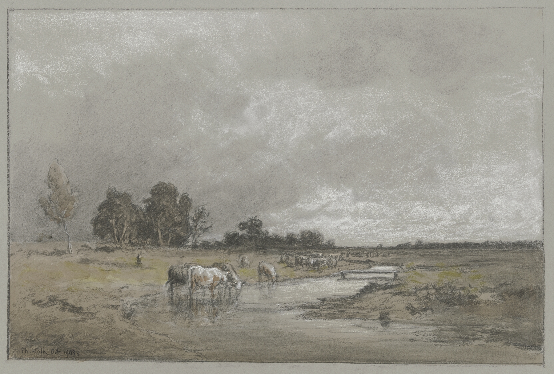 Wiesenlandschaft mit trinkender Herde by Philipp Röth, oil painting of sheep near water.