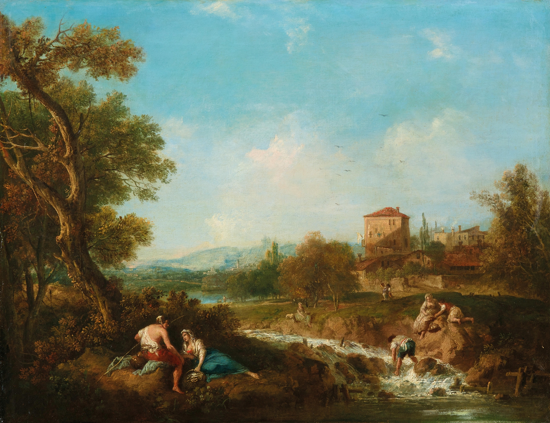An Arcadian landscape with figures near a stream, oil painting by Francesco Zuccarelli