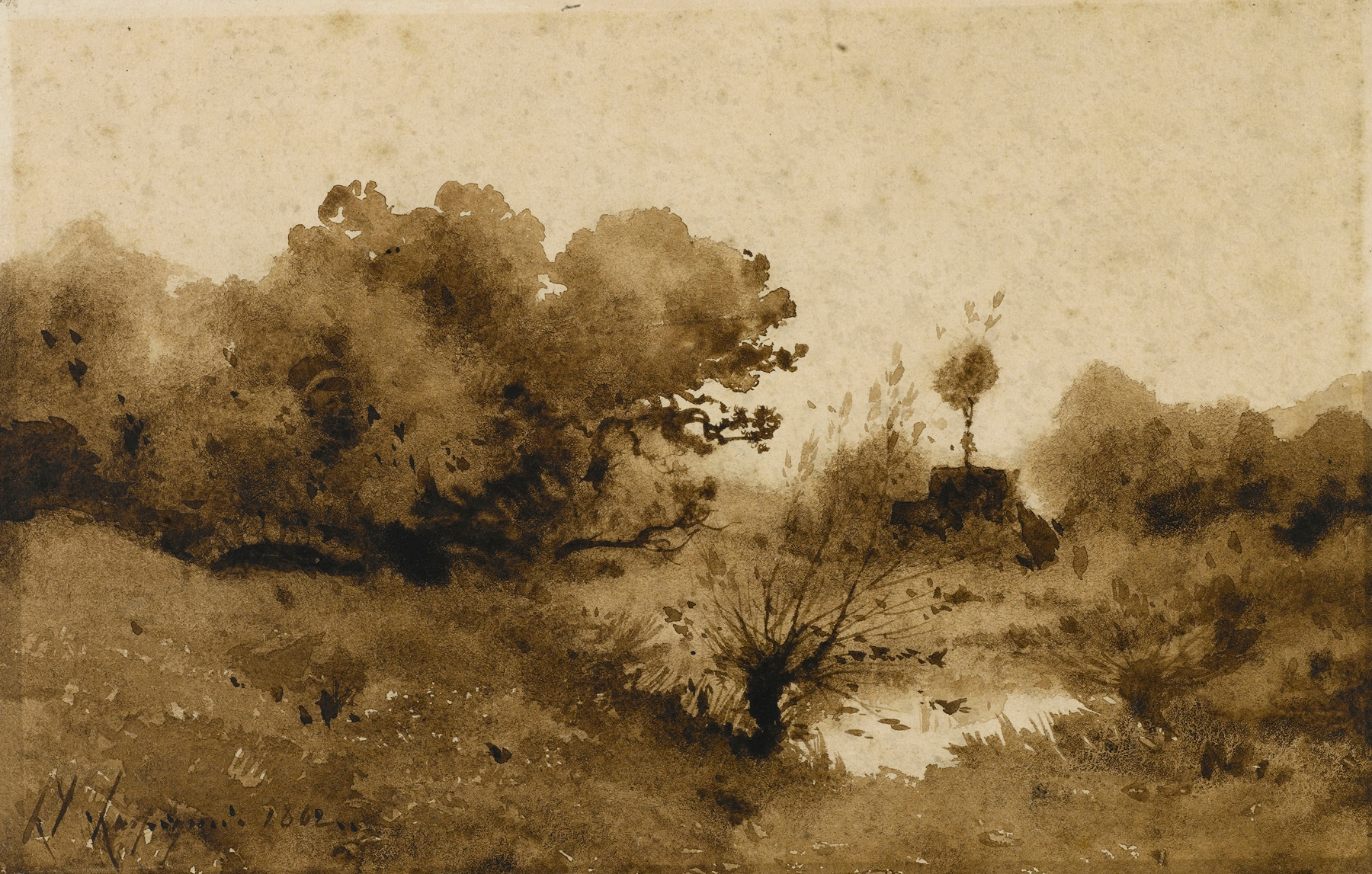 Mare by Henri-Joseph Harpignies, oil on canvas, depicting a tranquil landscape at dusk