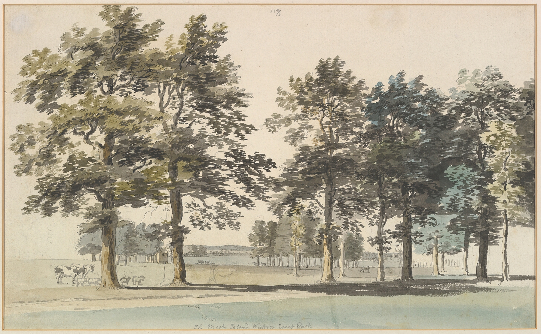 Watercolour by Thomas Sandby depicting a tranquil moat island surrounded by greenery.