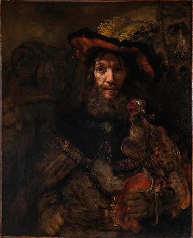 A portrait of a knight holding a falcon, showcasing Rembrandt's skill in capturing character.