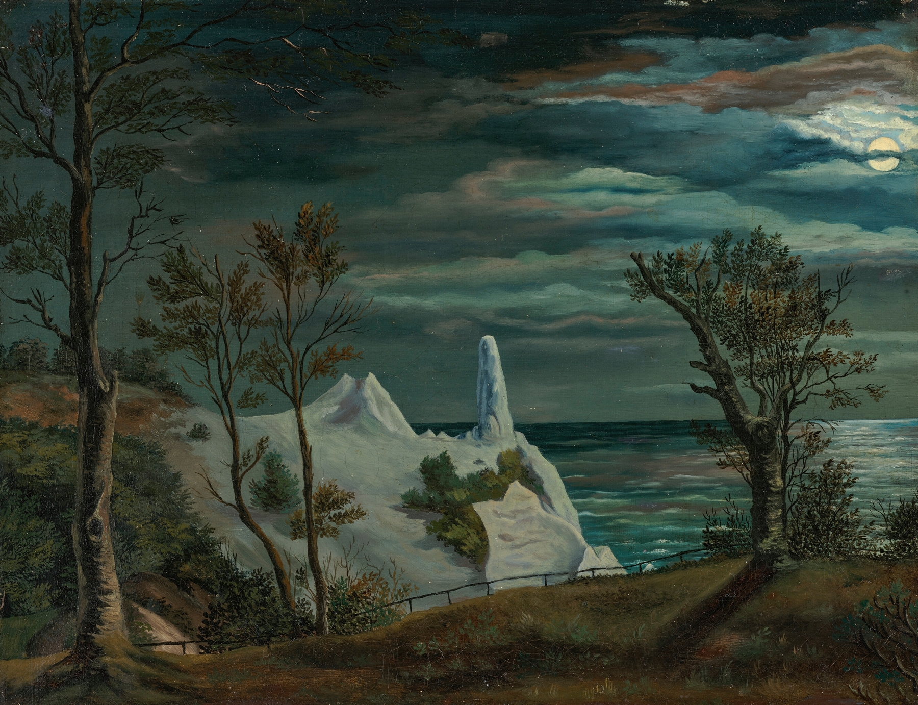 Moonlit Møns Klint with Sommerspiret by Frederik Sødring, landscape artwork