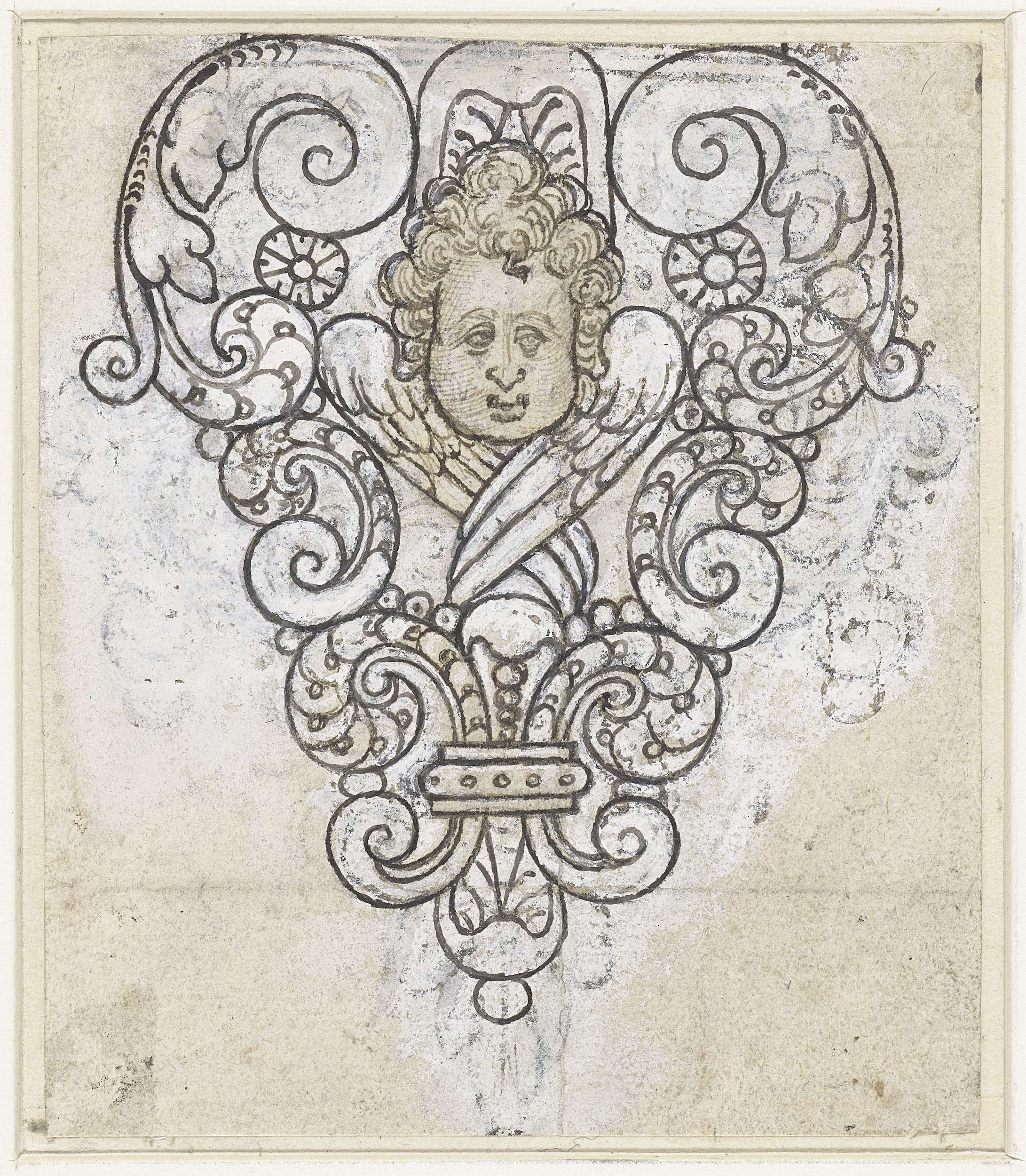 Cherub with crossed wings surrounded by volutes, oil painting by Unknown Artist