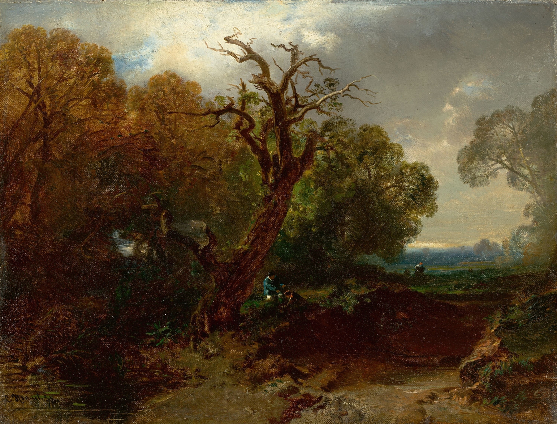 Oil painting by Charles Hoguet depicting a woman resting against a tree in a forest