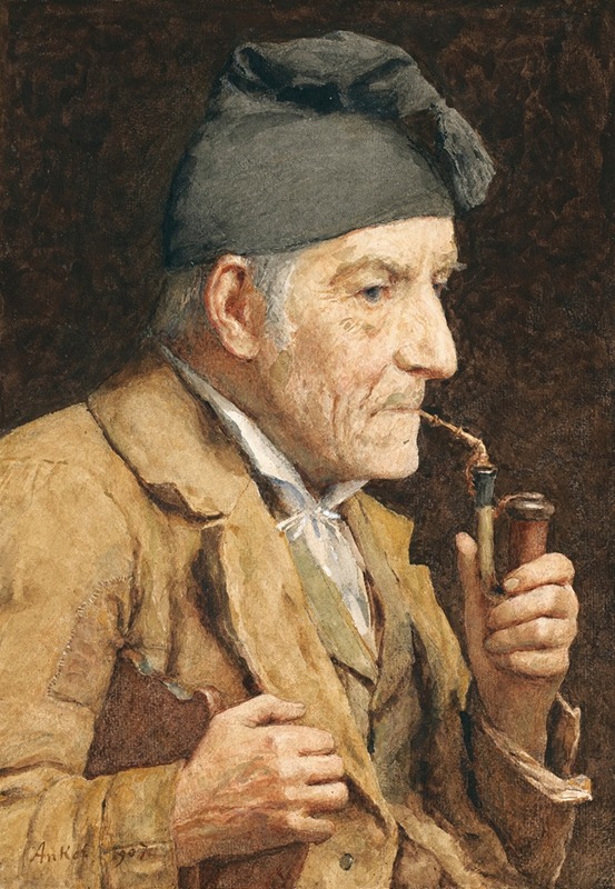 A detailed depiction of an old man enjoying a quiet moment with his pipe.