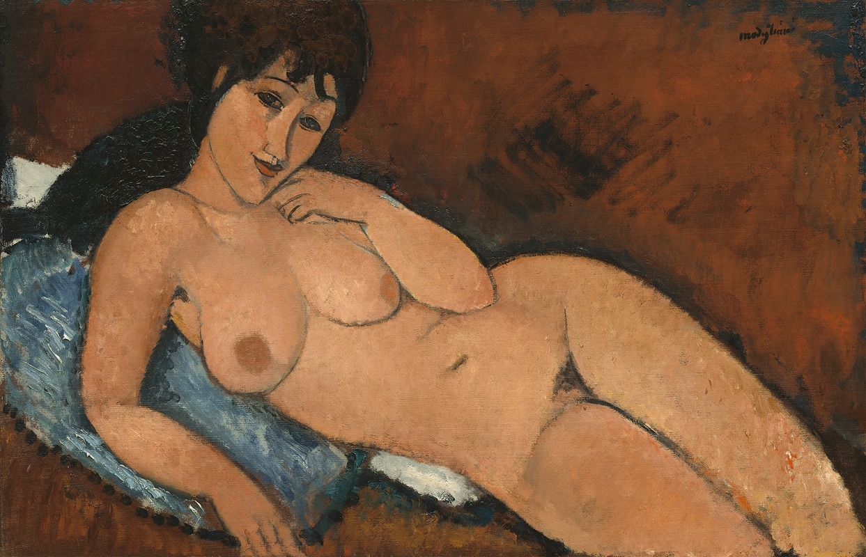 Amedeo Modigliani's 'Nude on a Blue Cushion' features a reclining nude figure on a vibrant blue cushion.