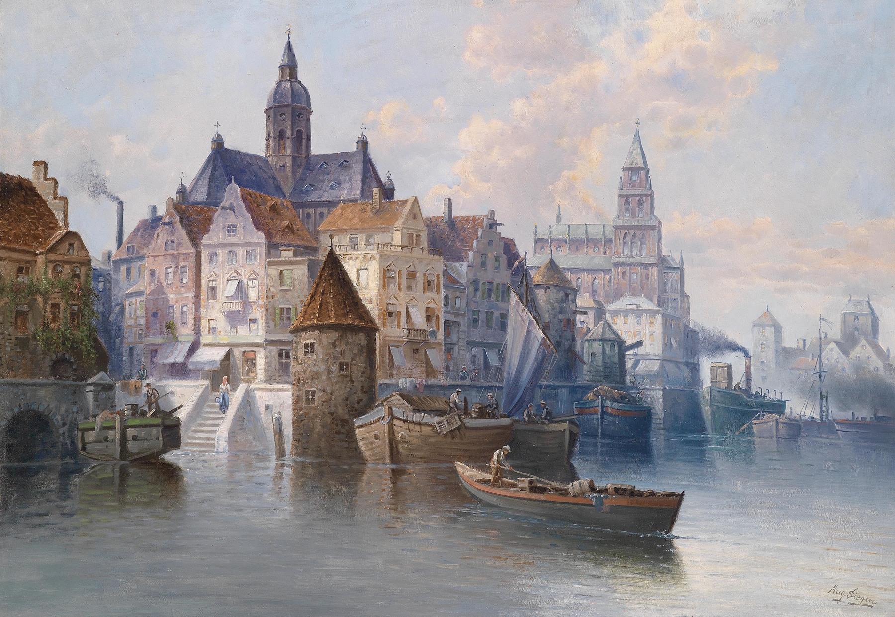 Hafenansicht by August Von Siegen, oil on canvas, depicting a serene harbor with boats and reflections on water.