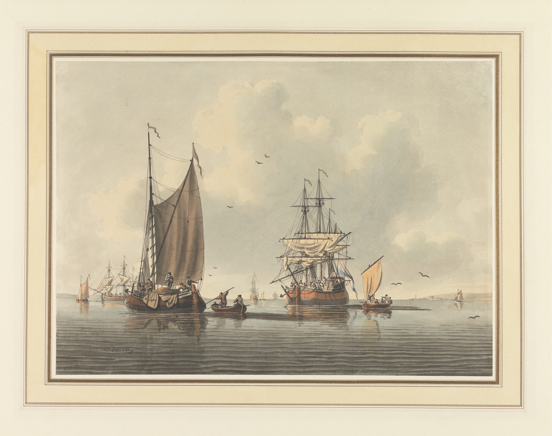 A Calm Day in the Anchorage by John Cleveley the younger, oil painting depicting a peaceful harbor scene