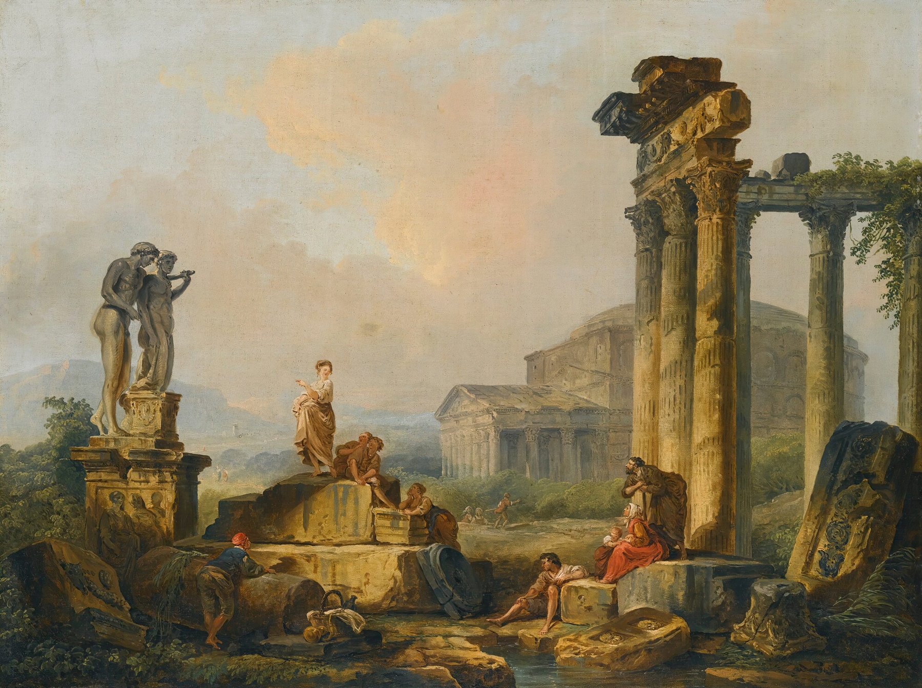 Rococo oil painting by Hubert Robert depicting shepherds among ancient ruins.