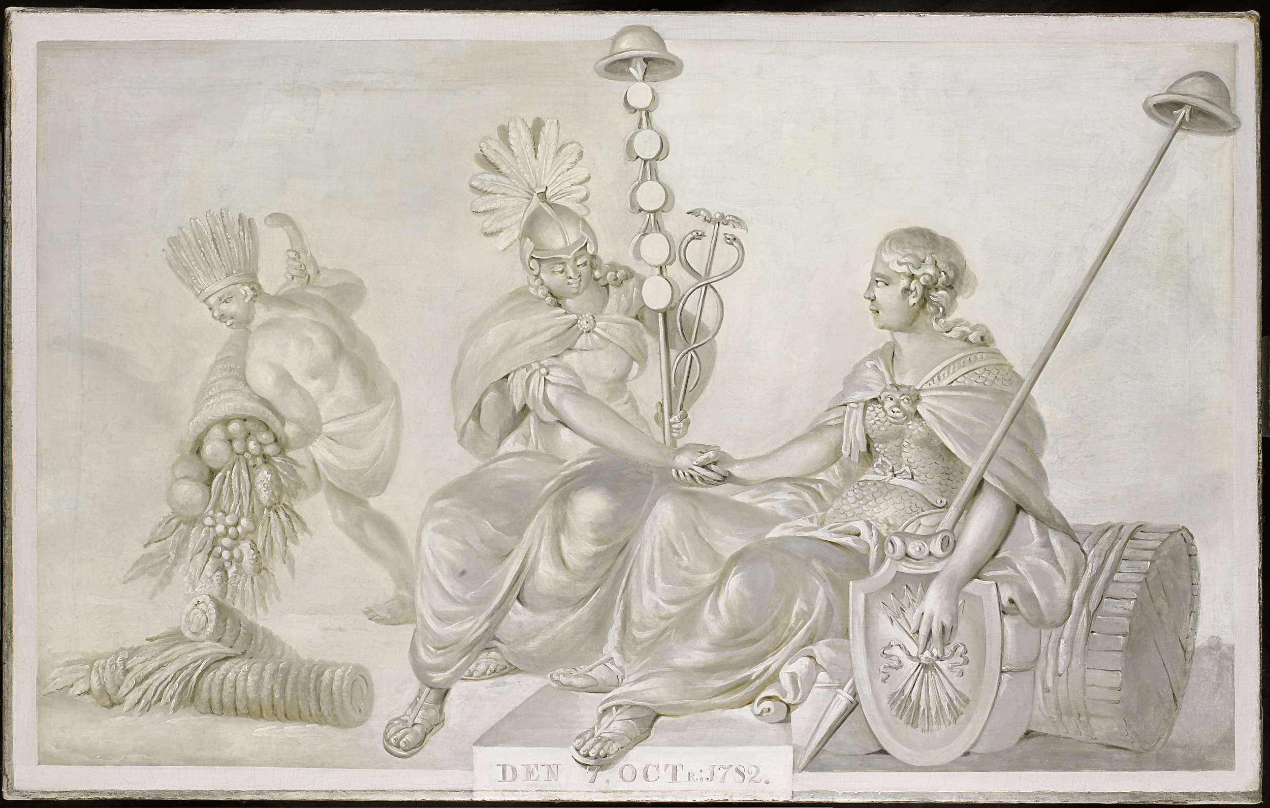 Allegory depicting historical figures in formal attire, oil on canvas by an unknown artist