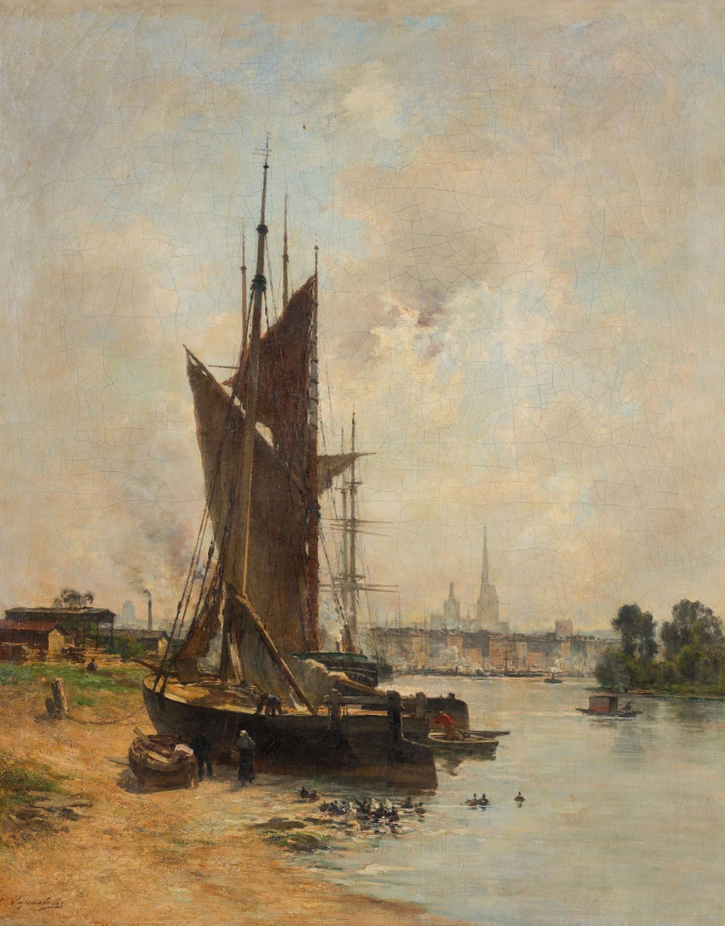 Hafenszene an der Seine in Rouen by Charles Lapostolet, Impressionism, depicting boats and shadows on the river.