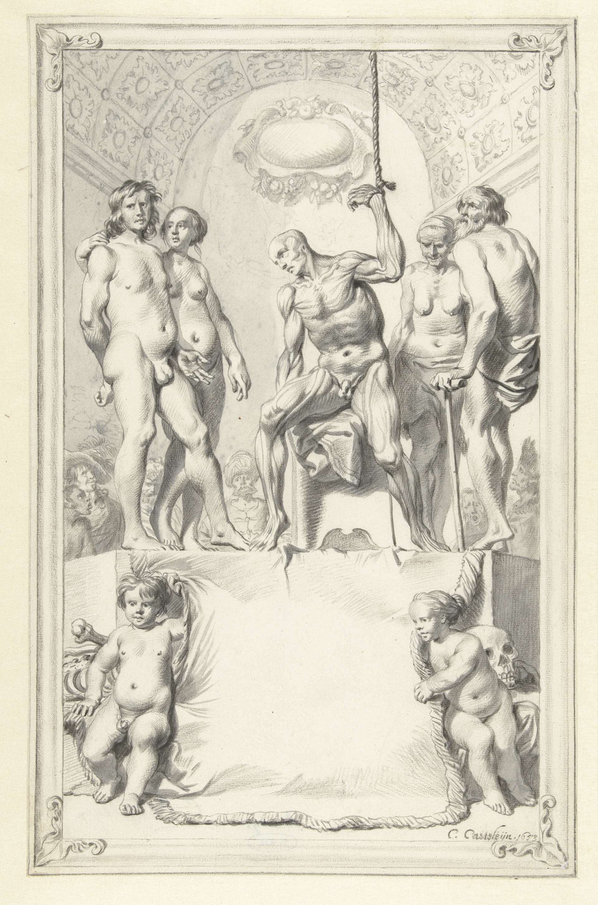Anatomical drawing in ink on paper by Casper Casteleyn, featuring figures on a dais.
