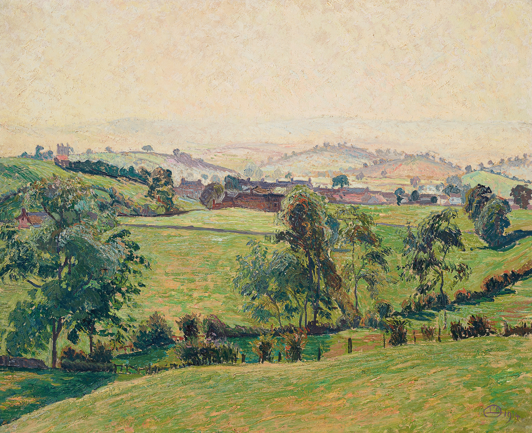Landscape of rolling hills with haze, oil painting by Lucien Pissarro