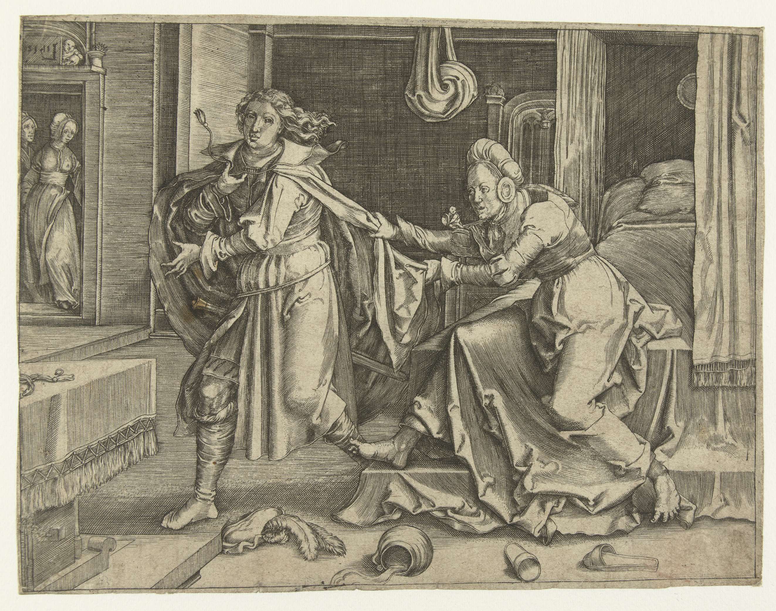Engraving by Jan Harmensz. Muller depicting Jozef in vibrant garments, expressing inner turmoil.