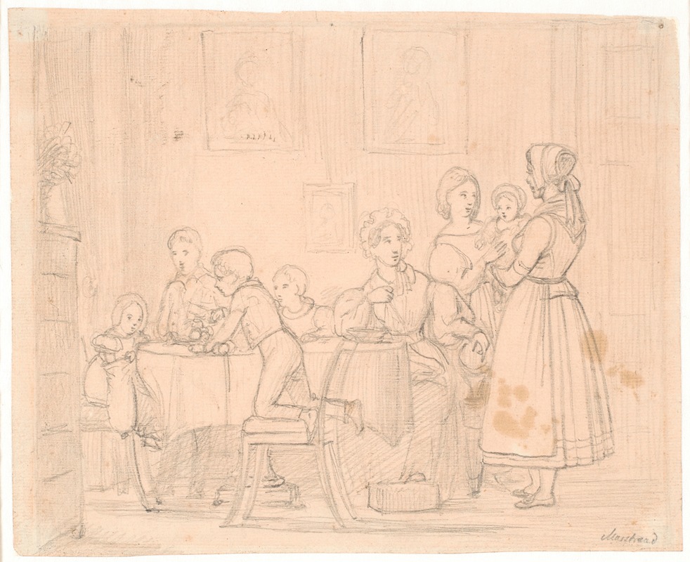 This painting depicts a family portrait with detailed expressions and clothing.
