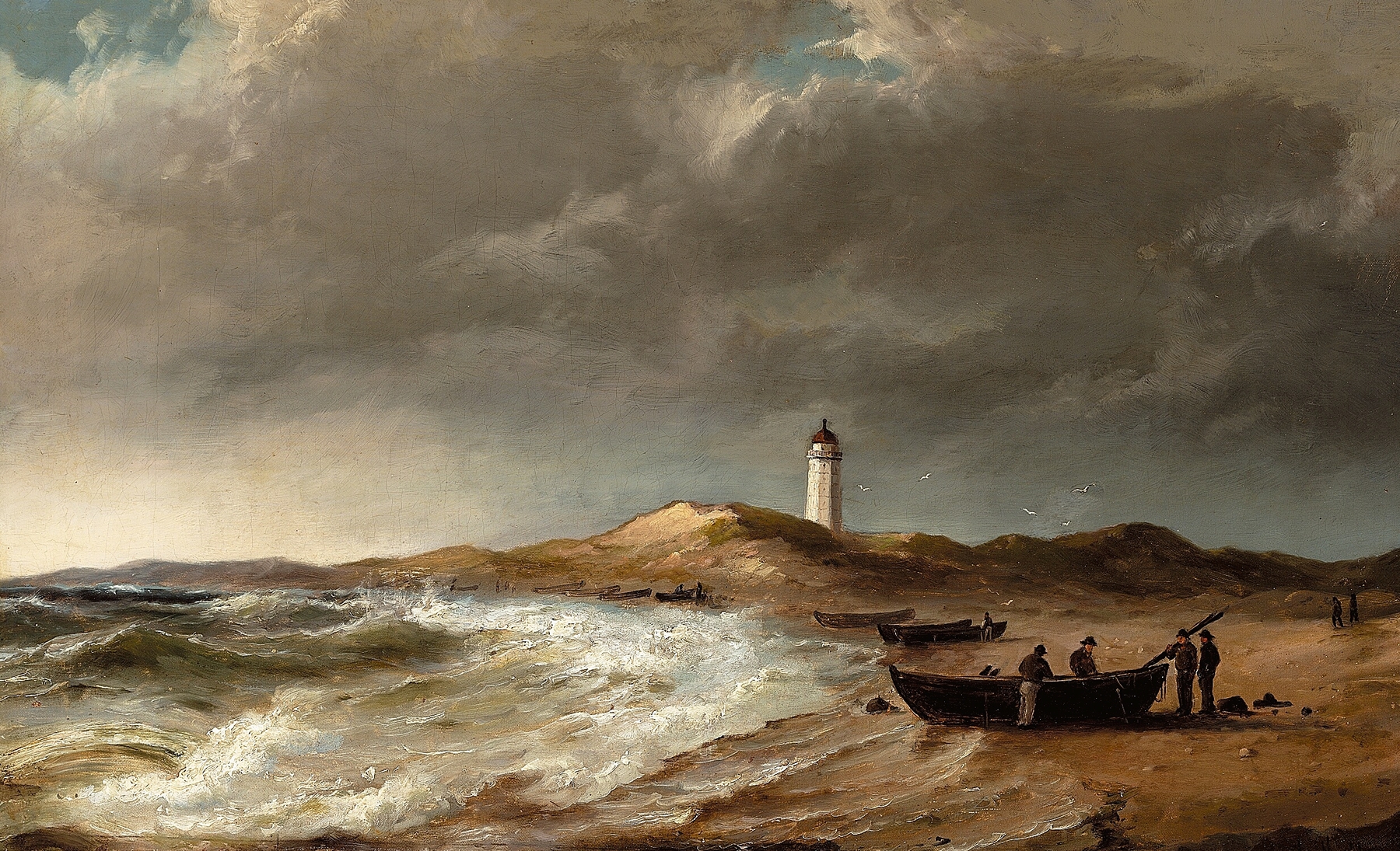 Fiskere ved deres både på stranden, nær Skagen fyr, by Anton Melbye, public domain