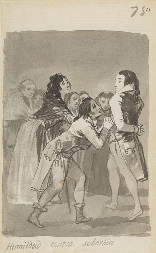 A young man implores an older man in Francisco de Goya's painting 'Humility versus Pride'.