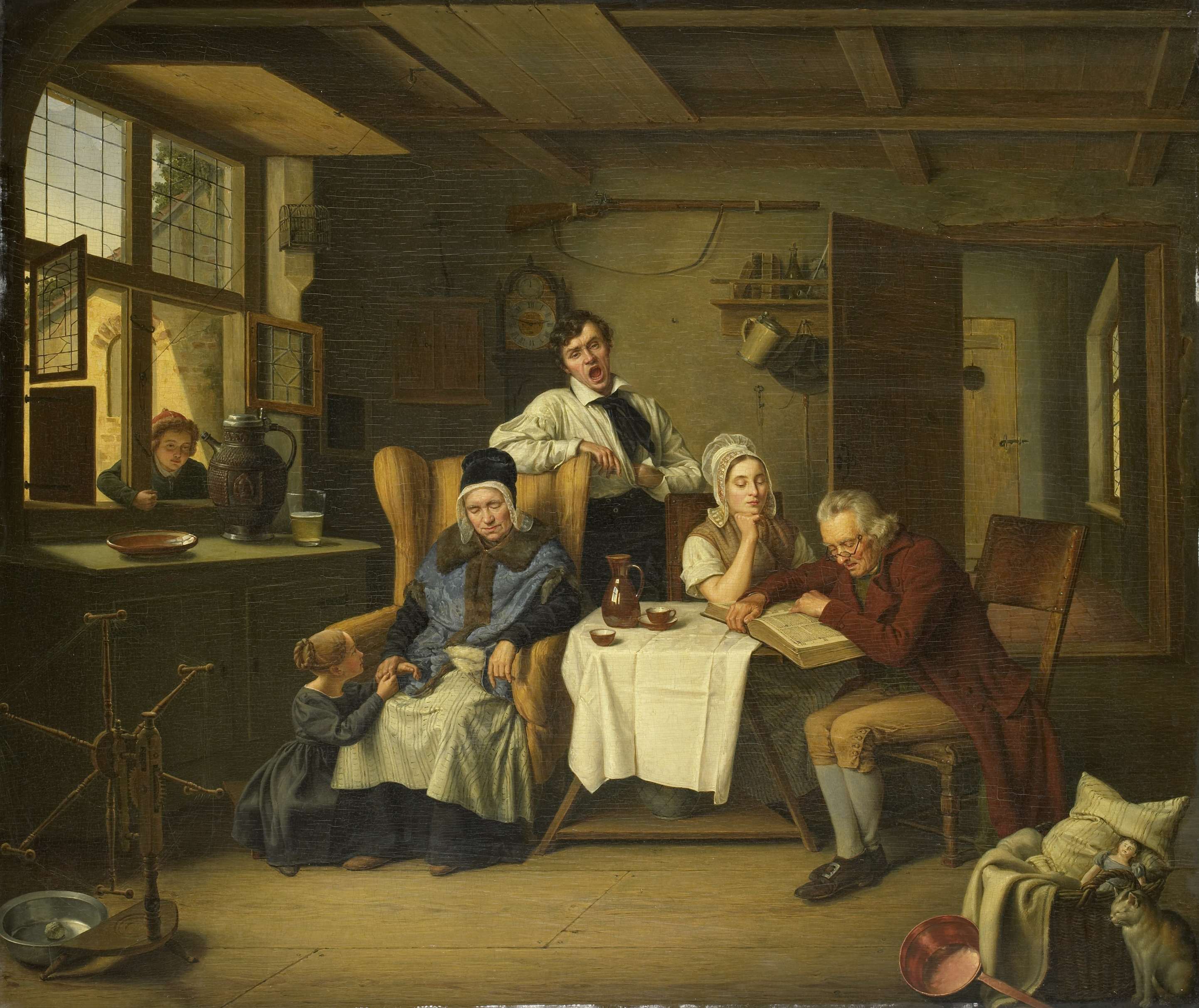 Interior scene with a figure reading a book, oil on canvas by Eduard Karl Gustav Lebrecht Pistorius